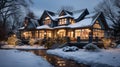 Cozy Modern Suburban Home Aglow with Christmas Lights and Falling Snow