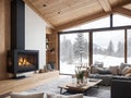 Cozy modern winter living room interior with a modern fireplace in a chalet