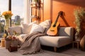 Cozy modernity defines the living room, where a guitar adds character.