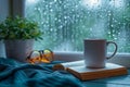 Cozy morning coffee, book, spectacles, rain kissed window Stay home serenity captured