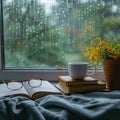 Cozy morning coffee, book, spectacles, rain kissed window Stay home serenity captured