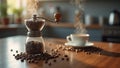 Cozy morning with coffee grinder beans and steaming cup on modern kitchen counter Royalty Free Stock Photo
