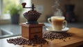Cozy morning with coffee grinder beans and steaming cup on modern kitchen counter Royalty Free Stock Photo