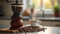 Cozy morning with coffee grinder beans and steaming cup on modern kitchen counter Royalty Free Stock Photo