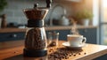 Cozy morning with coffee grinder beans and steaming cup on modern kitchen counter Royalty Free Stock Photo