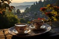 Cozy morning. enjoying two steaming cups of coffee with breathtaking mountain view and serene nature Royalty Free Stock Photo