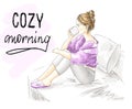 Cozy Morning Illustration with Girl in bed