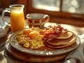 A cozy morning scene with a classic American breakfast. Generative AI