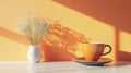 Cozy Morning Scene with Orange Coffee Cup and White Vase Royalty Free Stock Photo