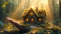 Cozy Moss-Covered Cottage in Hand Generative AI Royalty Free Stock Photo