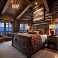 A cozy mountain cabin bedroom with log walls, plaid bedding, and a stone fireplace1