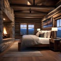 A cozy mountain cabin bedroom with log walls, plaid bedding, and a stone fireplace3