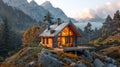 mountain eco cabin, a cozy mountain cabin with big windows showcasing stunning views, promoting sustainable travel and