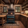 A cozy mountain cabin kitchen with a potbelly stove, butcher block countertops, and vintage cookware5