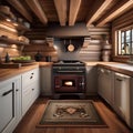 A cozy mountain cabin kitchen with a potbelly stove, butcher block countertops, and vintage cookware2