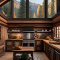 A cozy mountain cabin kitchen with a potbelly stove, butcher block countertops, and vintage cookware1 Royalty Free Stock Photo