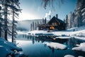 A cozy mountain cabin nestled in a snowy forest, with smoke rising from the chimney and a frozen lake nearby