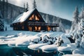 A cozy mountain cabin nestled in a snowy forest, with smoke rising from the chimney and a frozen lake nearby