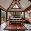 A cozy mountain cabin-style bedroom with log bed frames, plaid bedding, and woodsy decor3
