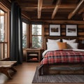 A cozy mountain cabin-style bedroom with log bed frames, plaid blankets, and woodsy accents1