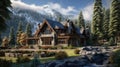 A cozy mountain chalet surrounded by tall evergreen trees.