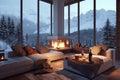 Cozy Mountain Chalet: Winter Living Room with Fireplace and Snowy View. AI Royalty Free Stock Photo