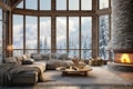 Cozy Mountain Chalet: Winter Living Room with Fireplace and Snowy View. AI Royalty Free Stock Photo