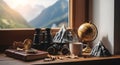 Cozy Mountain View Windowsill Scene with Binoculars Coffee Mug Globe and Rocks Royalty Free Stock Photo