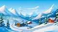 A cozy mountain village with beautiful houses covered in snow and decorated for Christmas, illustration. Royalty Free Stock Photo