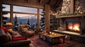 Cozy mountain wooden eco-lodge nestled amidst snow-covered pine forest. Christmas evening by the fireplace, serenity of