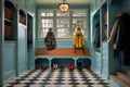 Cozy mudroom interior with colorful outerwear and storage