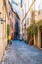 Cozy narrow ancient medieval Old Town paving stone street with green overgrown facades, small businesses, parked mopeds in Rome,