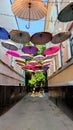 Cozy narrow street with umbrellas hanging above the sidewalk between houses