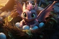 Baby dragons in the nest,Super cute monster,Fantasy,3d illustration.GenerativeAI.