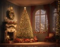 Cozy New Year interior with Christmas tree presents, lights, and fireplace Royalty Free Stock Photo