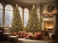 Cozy New Year interior with Christmas tree presents, lights, socks and fireplace Royalty Free Stock Photo