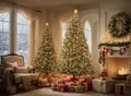 Cozy New Year interior with Christmas tree presents, lights, socks and fireplace Royalty Free Stock Photo