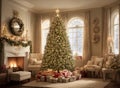 Cozy New Year interior with Christmas tree presents, lights, socks and fireplace Royalty Free Stock Photo