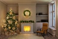 A cozy New Year`s interior with gifts under an elegant Christmas tree, with a burning fire in the fireplace, an armchair near the Royalty Free Stock Photo