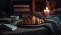 A cozy night in: French croissant, chocolate, and coffee refreshment generated by AI