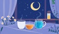 Cozy night in with hot drinks, relaxing evening scene with cups and moon view Generative AI Royalty Free Stock Photo