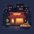 Cozy night street cafe scene flat illustration. Evening city street