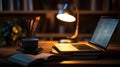 Cozy Night Study Illustration: Laptop, Book, and Coffee Royalty Free Stock Photo