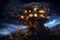Cozy Night tree house. Fantasy forest Royalty Free Stock Photo