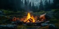 Cozy Nighttime Scene A Warm Bonfire Illuminating a Forest. Concept Night Photography, Bonfire Glow, Nature Landscape, Warm and