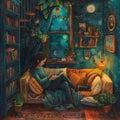 A cozy nook in a bustling house, where a parent finds solitude and self-care, knitting peacefully as life whirls around