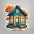 Cozy Nook: A Tiny Blue House Bathed in Autumn\'s Glow