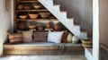 Cozy nook under a staircase with rustic wood and ceramic decor