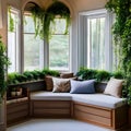 A cozy nook with a window seat, surrounded by shelves filled with plants and soft cushions2, Generative AI Royalty Free Stock Photo