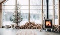 Nordic Christmas concept with a wooden cabin with a view to a winter landscape. Generative AI illustrations